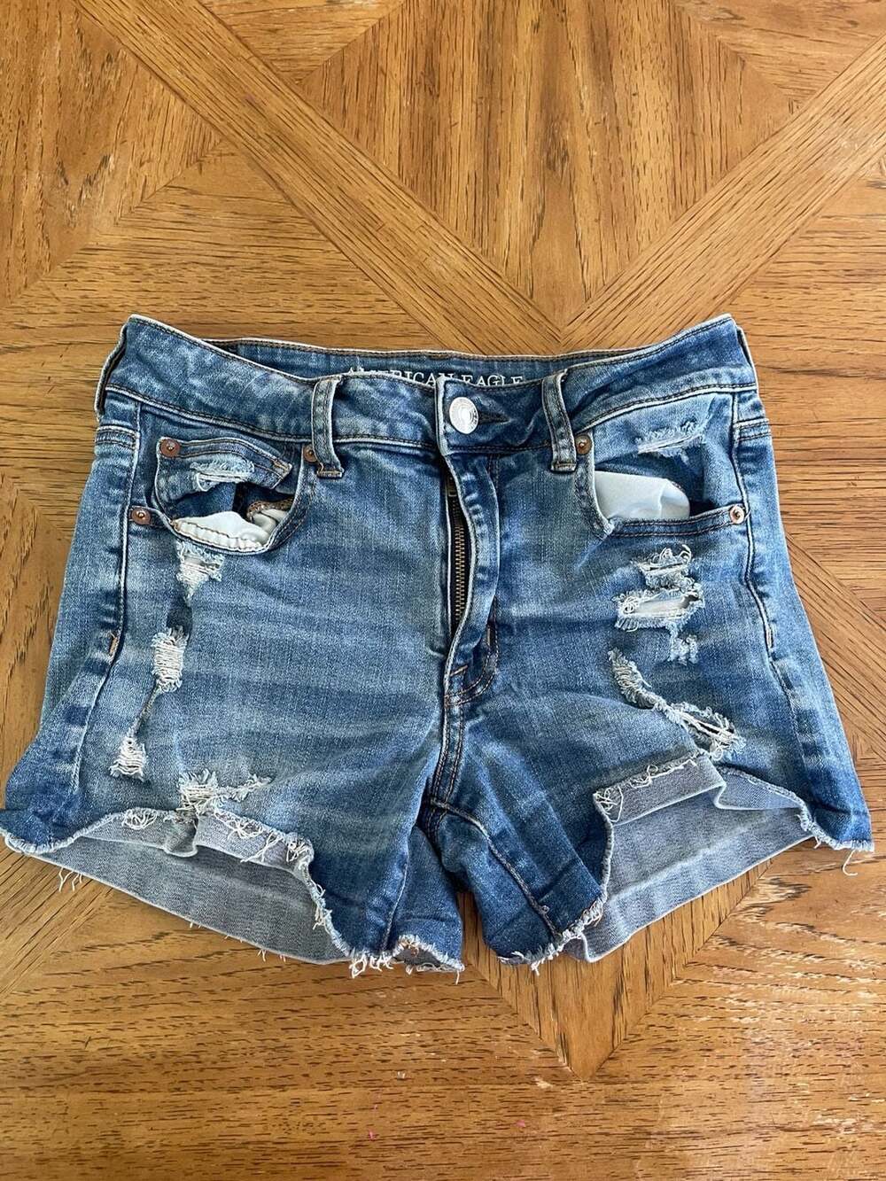 American Eagle Hi Rise Shortie Shorts 8 Distressed Stretch Denim Cut Off Y2k